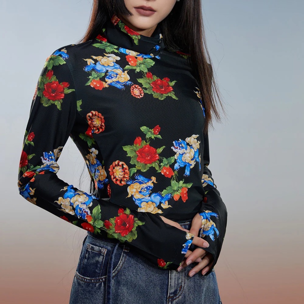 Mukzin Women's Autumn & Winter National Style Printed Turtleneck Base Shirt in M